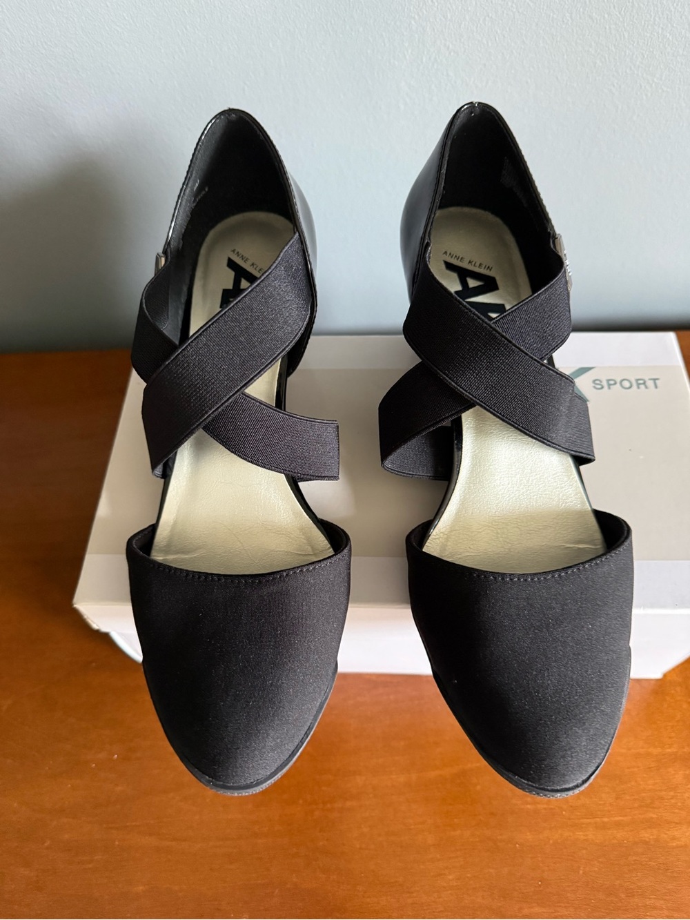 Anne Klein Aktrista Black Crisscross Strap Heeled Wedge